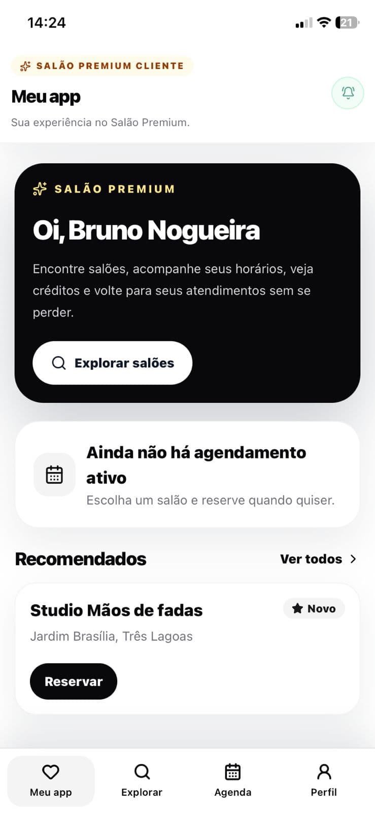 App cliente do SalãoPremium na tela Meu app