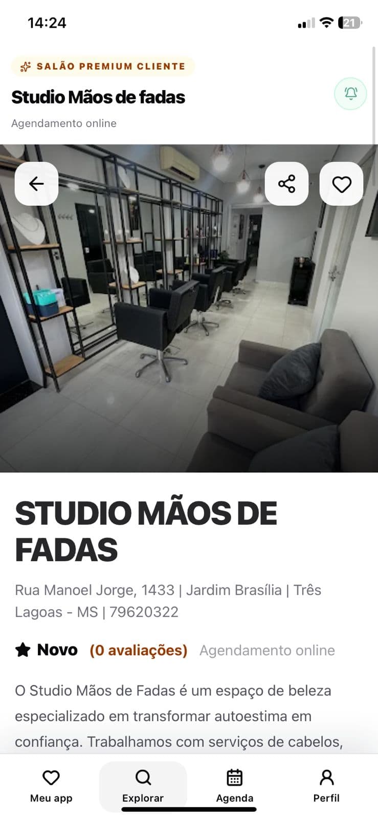 App cliente do SalãoPremium mostrando página do salão